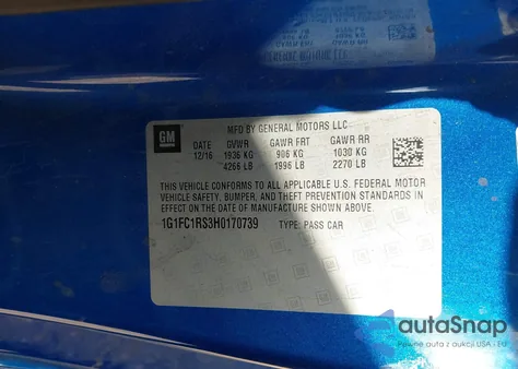 2017 Chevrolet Camaro 2Lt z USA, uszkodzony, nr VIN 1G1FC1RS3H0170739